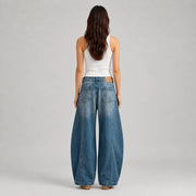 Women's Baggy Barrel-Leg Jeans – Vintage Washed Wide-Leg Denim
