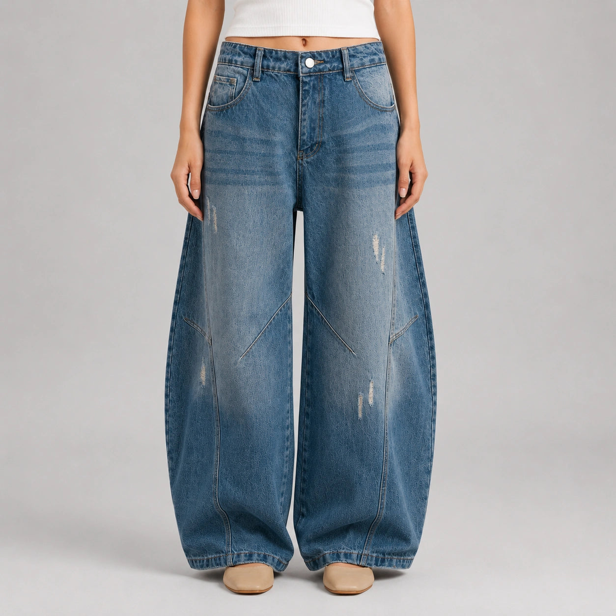 Women's Baggy Barrel-Leg Jeans – Vintage Washed Wide-Leg Denim