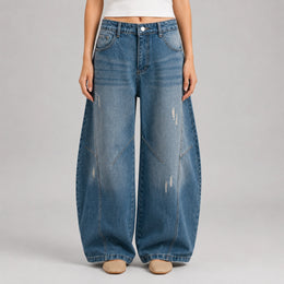 Women's Baggy Barrel-Leg Jeans – Vintage Washed Wide-Leg Denim