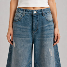 Women's Baggy Barrel-Leg Jeans – Vintage Washed Wide-Leg Denim