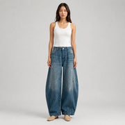 Women's Baggy Barrel-Leg Jeans – Vintage Washed Wide-Leg Denim