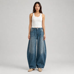 Women's Baggy Barrel-Leg Jeans – Vintage Washed Wide-Leg Denim