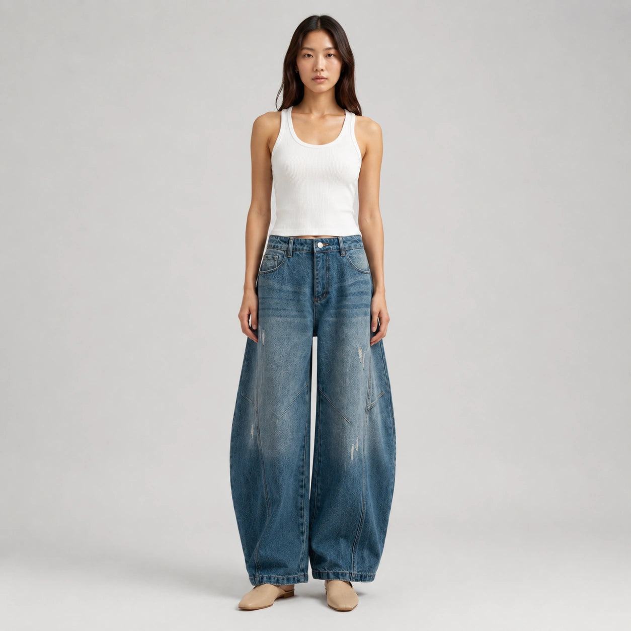 Women's Baggy Barrel-Leg Jeans – Vintage Washed Wide-Leg Denim