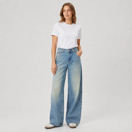 Women's High-Waist Wide-Leg Jeans – Vintage Washed Distressed Denim - 612