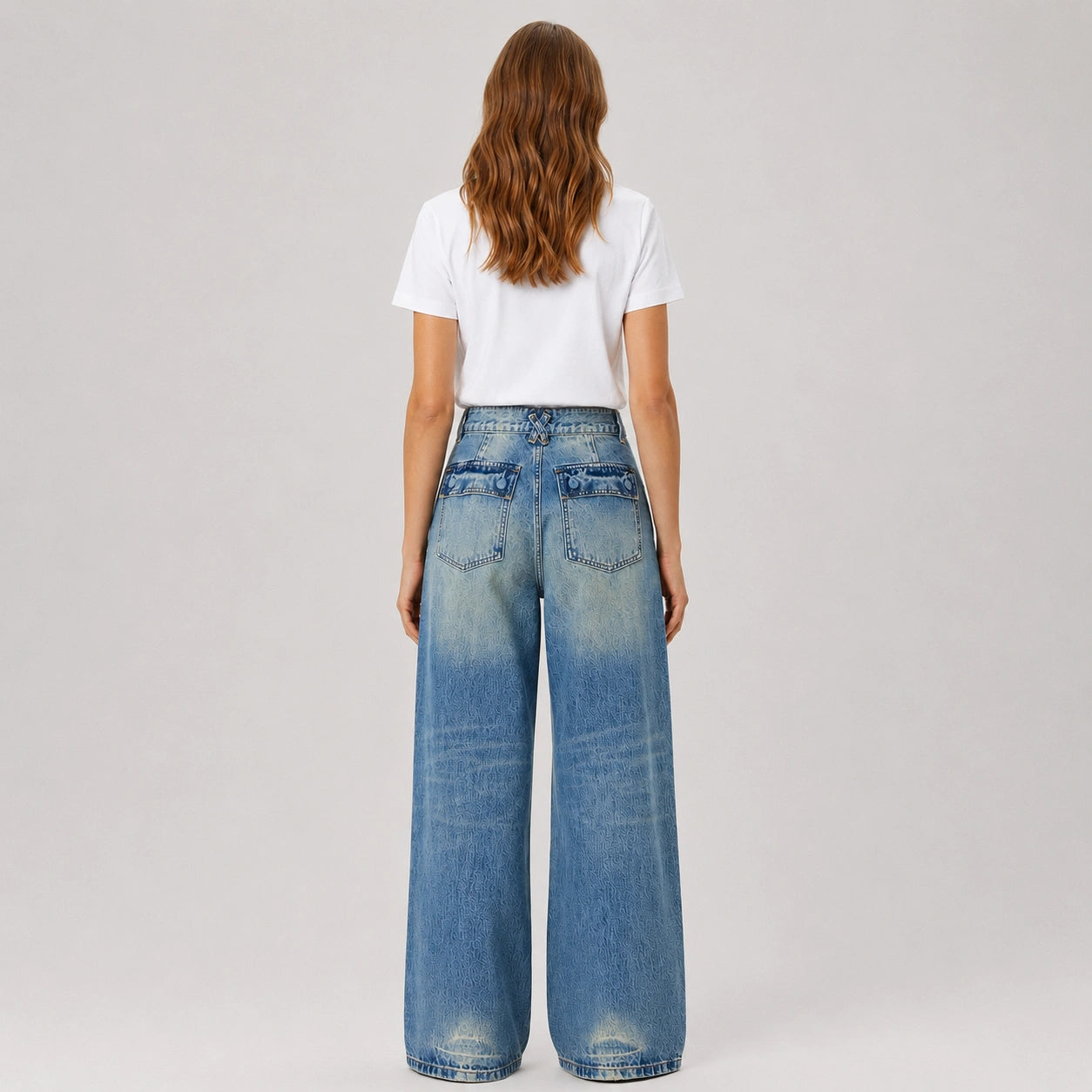 Women's High-Waist Wide-Leg Jeans – Vintage Washed Distressed Denim - 612