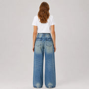 Women's High-Waist Wide-Leg Jeans – Vintage Washed Distressed Denim - 612