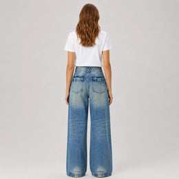 Women's High-Waist Wide-Leg Jeans – Vintage Washed Distressed Denim - 612