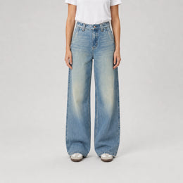 Women's High-Waist Wide-Leg Jeans – Vintage Washed Distressed Denim - 612