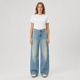 Women's High-Waist Wide-Leg Jeans – Vintage Washed Distressed Denim - 612