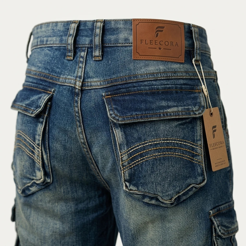 Close-up of stitched back pockets and branded leather patch on Fleecora blue cargo denim shorts