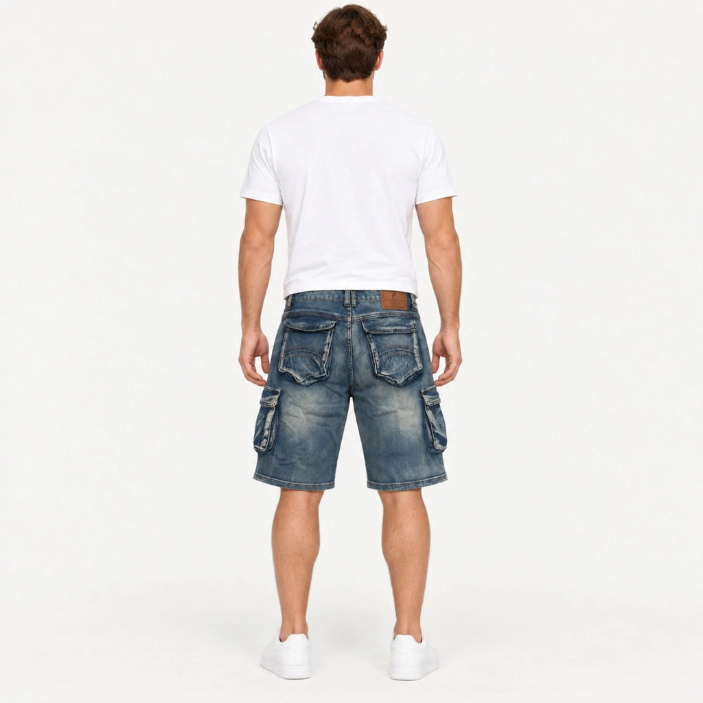 Full rear view of a model standing in Fleecora men's mid-waist regular-fit blue cargo denim shorts