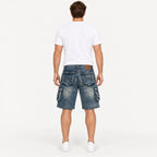 Full rear view of a model standing in Fleecora men's mid-waist regular-fit blue cargo denim shorts