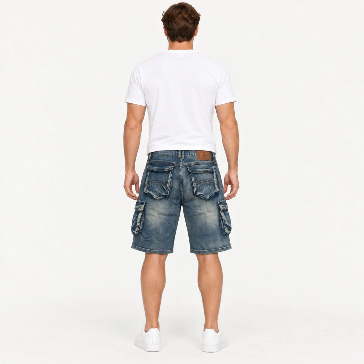 Full rear view of a model standing in Fleecora men's mid-waist regular-fit blue cargo denim shorts