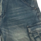 Close-up of whiskering finish and fabric weave on Fleecora men's mid-waist regular-fit blue cargo denim shorts