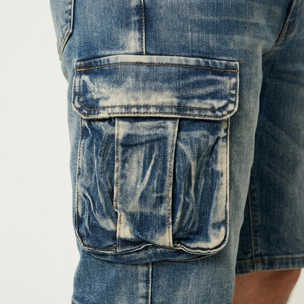 Detail shot of the side flap pocket on Fleecora men's mid-waist regular-fit blue cargo denim shorts