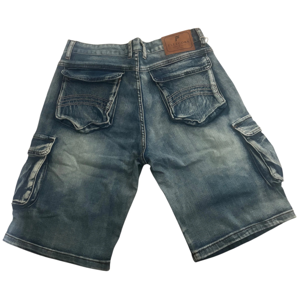 Back flat lay showing rear flaps and brand patch on Fleecora men's mid-waist regular-fit blue cargo denim shorts