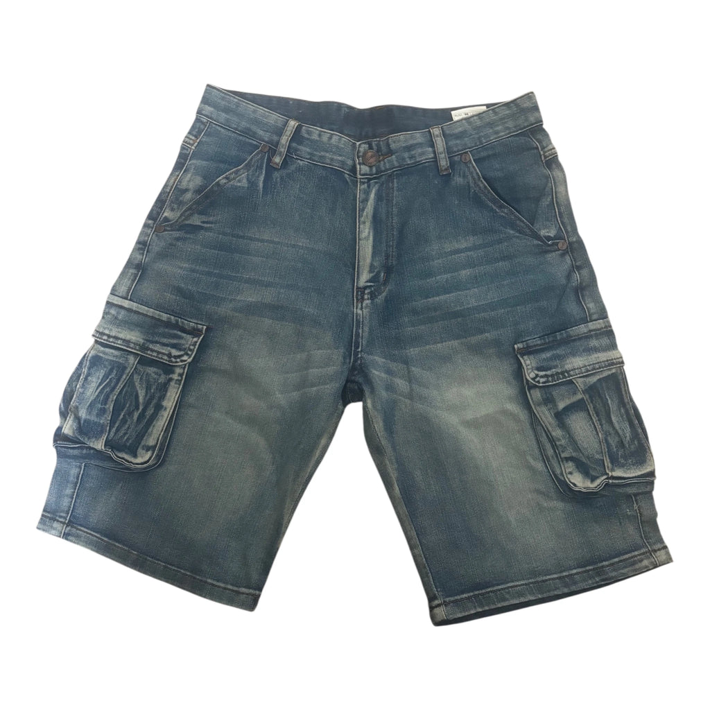 Front flat lay of Fleecora men's mid-waist regular-fit blue cargo denim shorts with whiskering finish