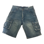 Front flat lay of Fleecora men's mid-waist regular-fit blue cargo denim shorts with whiskering finish