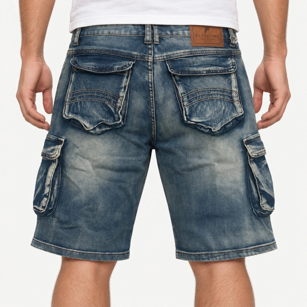 Rear waist-down view of Fleecora men's mid-waist regular-fit blue cargo denim shorts on a standing model