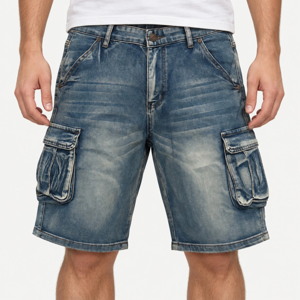 Front waist-down view of a model wearing Fleecora men's mid-waist regular-fit blue cargo denim shorts