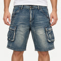 Front waist-down view of a model wearing Fleecora men's mid-waist regular-fit blue cargo denim shorts