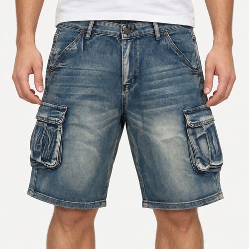 Front waist-down view of a model wearing Fleecora men's mid-waist regular-fit blue cargo denim shorts