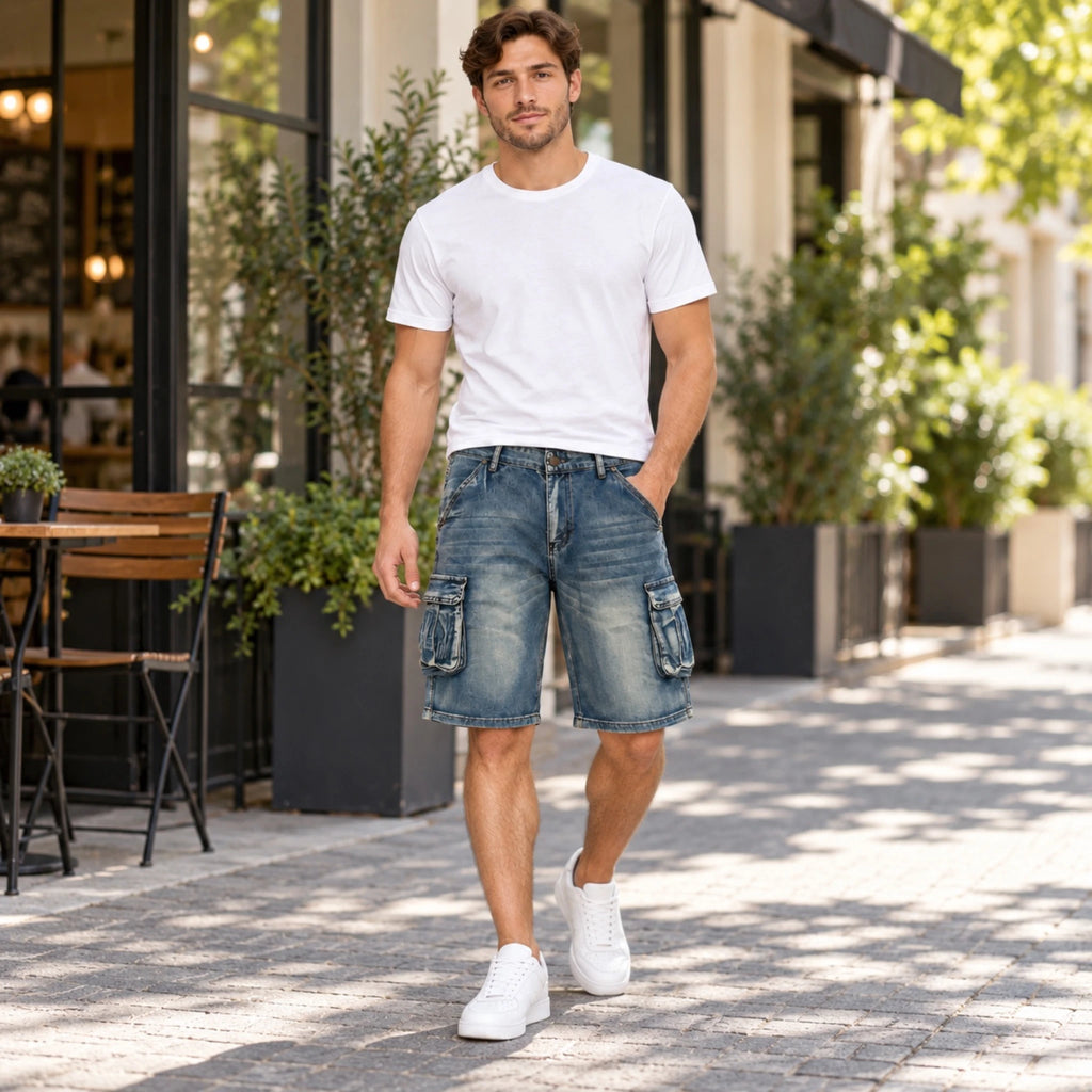 Model walking outdoors on a paved street wearing Fleecora men's mid-waist regular-fit blue cargo denim shorts