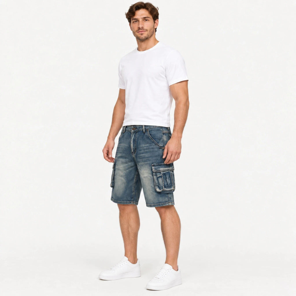 Three-quarter angle of a model standing in Fleecora men's mid-waist regular-fit blue cargo denim shorts