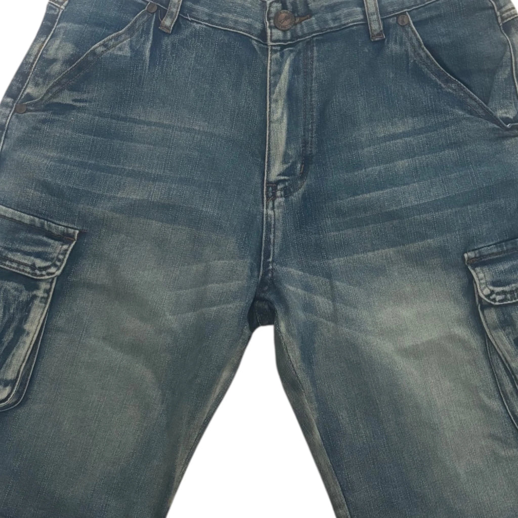 Macro shot showing waistband stitching, belt loops, and metal button on Fleecora blue cargo denim shorts