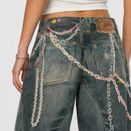 Women Pastel Chain Dirty Wash Wide Leg Baggy Streetwear Jeans - 601