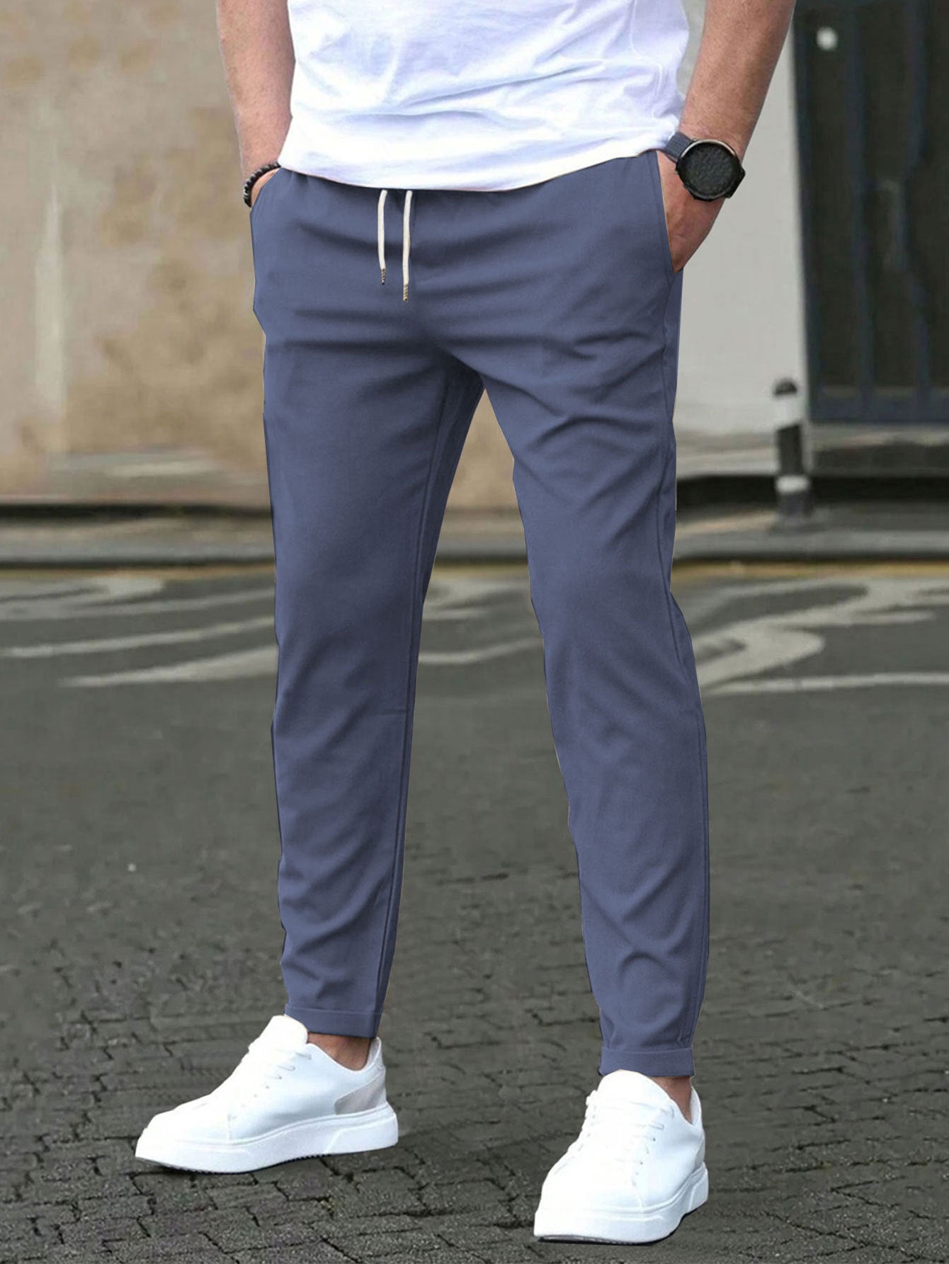 Casual Slim Fit Leather Tag Cropped Pants Solid Color Pants