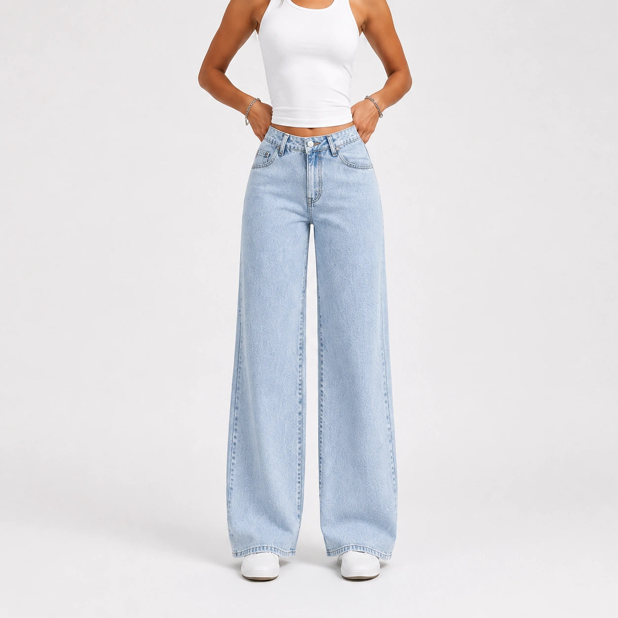 Women High Waist Wide Leg Jeans – Light Blue Wash - 603
