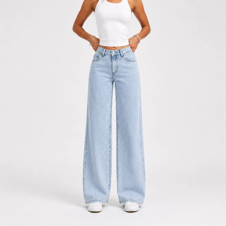 Women High Waist Wide Leg Jeans – Light Blue Wash - 603