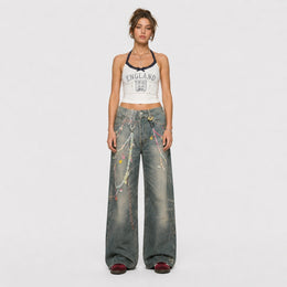 Women Pastel Chain Dirty Wash Wide Leg Baggy Streetwear Jeans - 601
