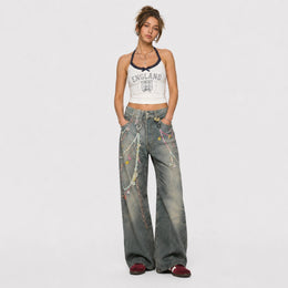 Women Pastel Chain Dirty Wash Wide Leg Baggy Streetwear Jeans - 601