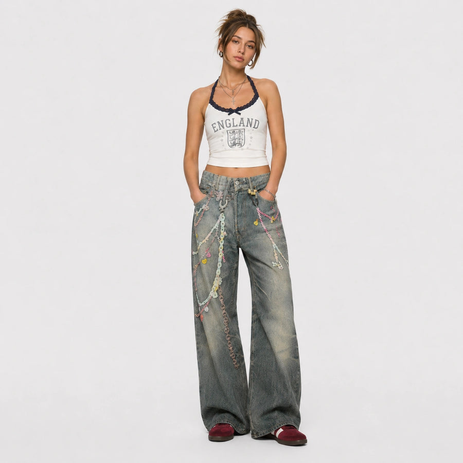 Women Pastel Chain Dirty Wash Wide Leg Baggy Streetwear Jeans - 601
