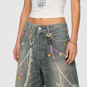 Women Pastel Chain Dirty Wash Wide Leg Baggy Streetwear Jeans - 601