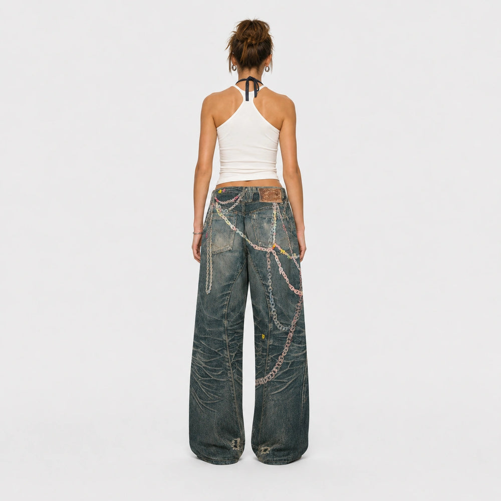 Women Pastel Chain Dirty Wash Wide Leg Baggy Streetwear Jeans - 601