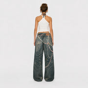 Women Pastel Chain Dirty Wash Wide Leg Baggy Streetwear Jeans - 601