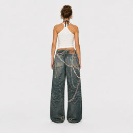 Women Pastel Chain Dirty Wash Wide Leg Baggy Streetwear Jeans - 601