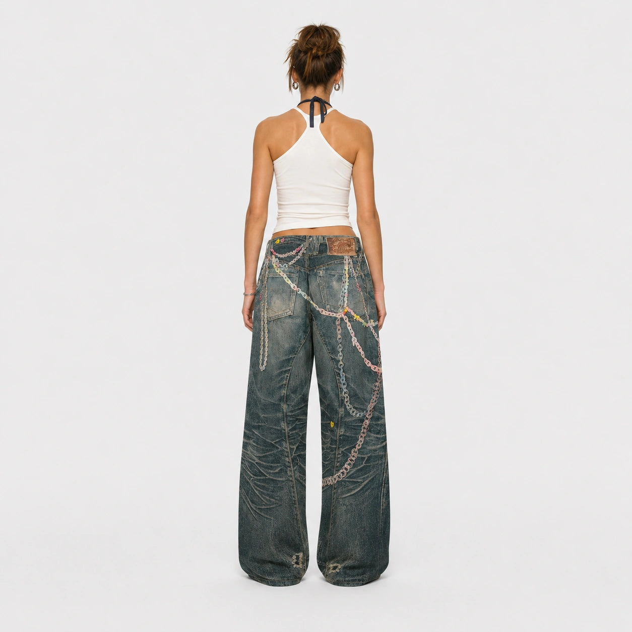 Women Pastel Chain Dirty Wash Wide Leg Baggy Streetwear Jeans - 601