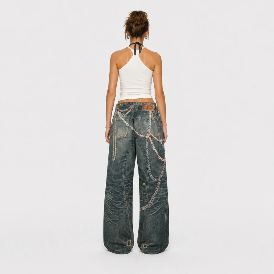 Women Pastel Chain Dirty Wash Wide Leg Baggy Streetwear Jeans - 601