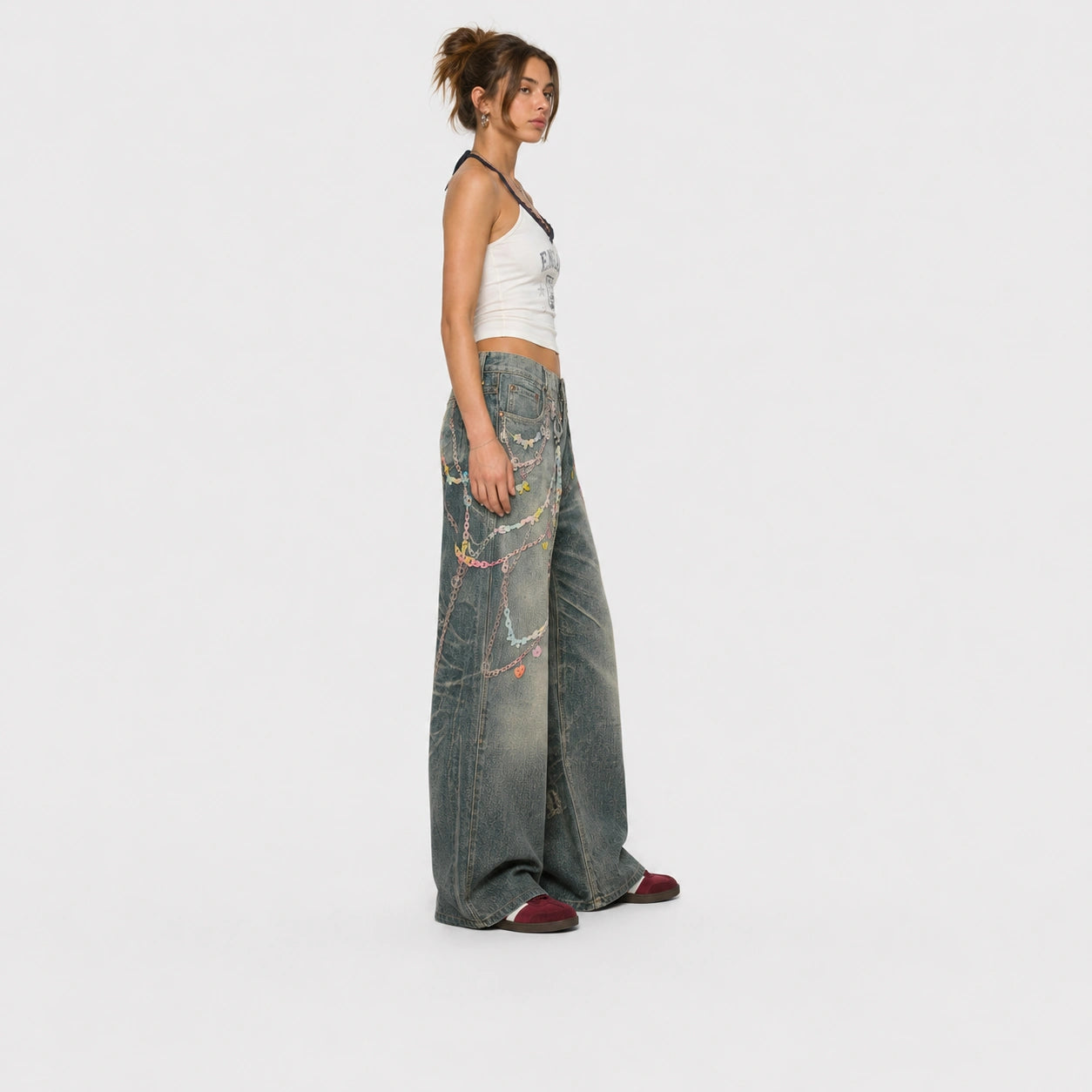 Women Pastel Chain Dirty Wash Wide Leg Baggy Streetwear Jeans - 601