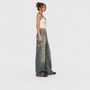 Women Pastel Chain Dirty Wash Wide Leg Baggy Streetwear Jeans - 601