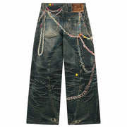 Women Pastel Chain Dirty Wash Wide Leg Baggy Streetwear Jeans - 601