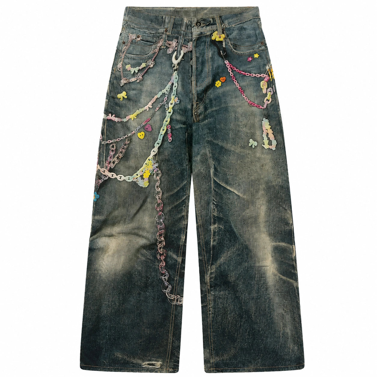 Women Pastel Chain Dirty Wash Wide Leg Baggy Streetwear Jeans - 601