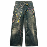 Women Pastel Chain Dirty Wash Wide Leg Baggy Streetwear Jeans - 601