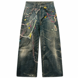 Women Pastel Chain Dirty Wash Wide Leg Baggy Streetwear Jeans - 601