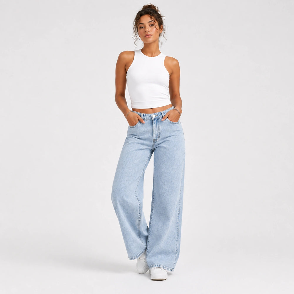 Women High Waist Wide Leg Jeans – Light Blue Wash - 603