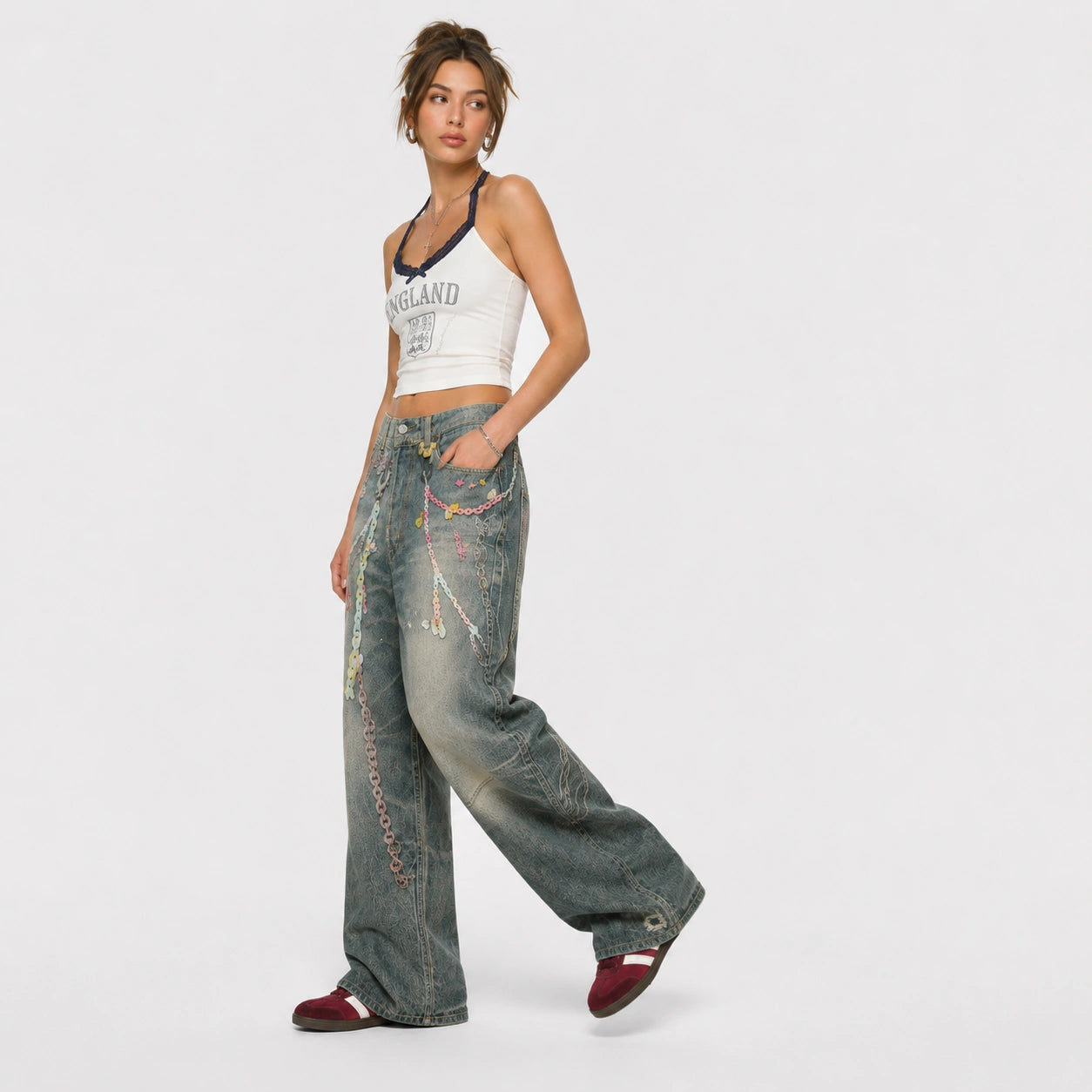 Women Pastel Chain Dirty Wash Wide Leg Baggy Streetwear Jeans - 601